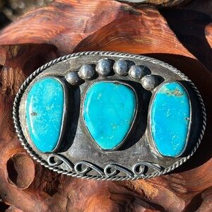 Artisan Made Silver Belt Buckle With 3 Large Turquoise Stones